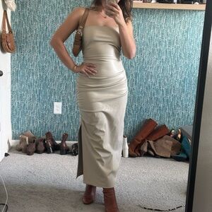 Zara Strapless Faux-Leather maxi Dress in Taupe